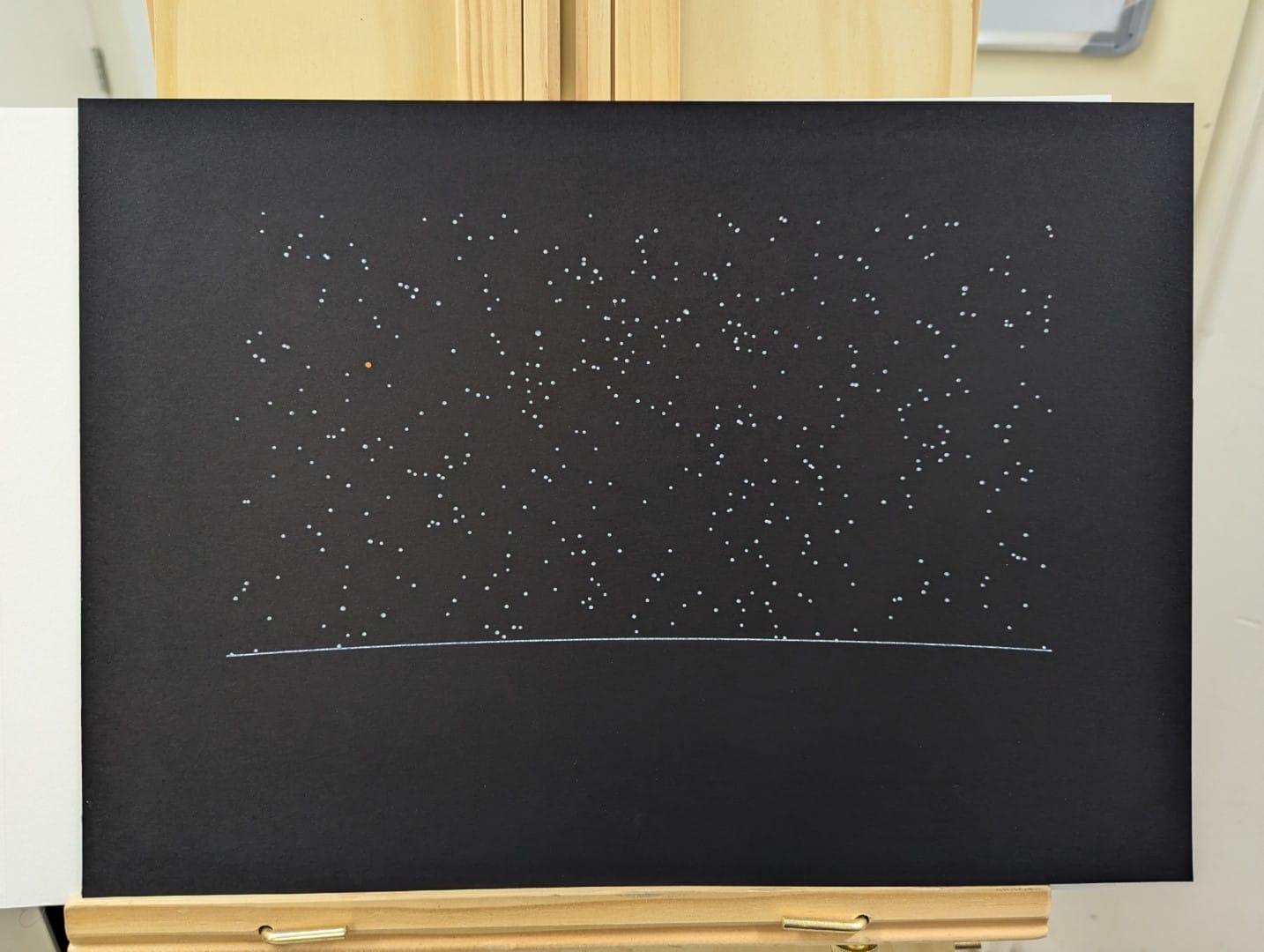 A5 image of the stars as they would be seen around Proxima Centauri b, but with a large amount of padding around them and the slight hint of a horizon.. The paper is extremely black and the ink for the stars is white, excepting one star which is orange for Sol, our Sun.